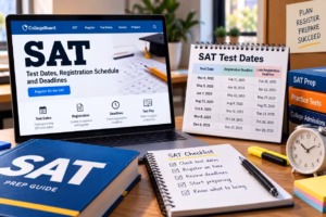 SAT test dates and registration deadlines displayed on a laptop and calendar with study materials nearby.