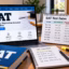 SAT test dates and registration deadlines displayed on a laptop and calendar with study materials nearby.