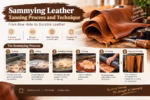 Infographic illustrating the leather tanning process, including sammying, moisture removal, drying, and finishing.