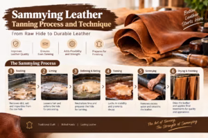 Infographic illustrating the leather tanning process, including sammying, moisture removal, drying, and finishing.