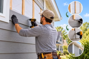 Worker installing gray fiber cement siding on a house, showing wall preparation and fastening steps.