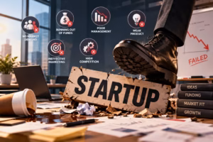A boot crushing a startup sign, highlighting funding shortages, poor management, and market challenges.