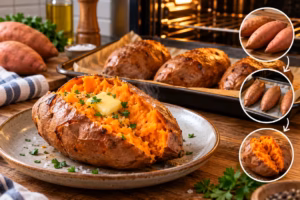 Oven-baked sweet potato with butter and herbs, showing easy preparation steps from raw to roasted.