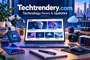 Techtrendery.com technology news displayed on a laptop with AI, mobile, cloud and smart tech devices.
