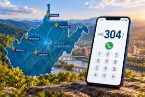 West Virginia map showing area code 304, major cities, and a smartphone displaying the dialing code.