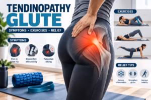 Glute tendinopathy illustration showing outer hip pain, strengthening exercises, and symptom relief tips.