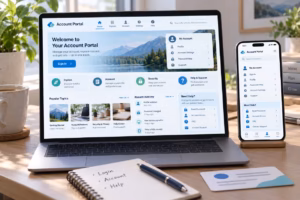 Website account portal on a laptop and phone with login, profile, password help, and support options.