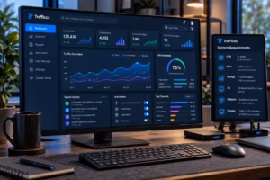 Trafficos software dashboard with analytics, system requirements, and computer setup on a modern desk.