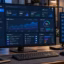 Trafficos software dashboard with analytics, system requirements, and computer setup on a modern desk.