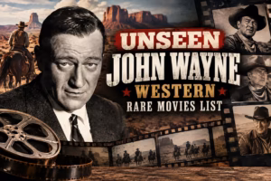 Vintage John Wayne Western movie collage featuring rare film scenes, cowboy portraits, and film reels.