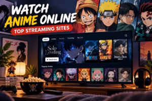 Anime streaming platform on a TV featuring popular shows, anime characters, and a cozy viewing setup.