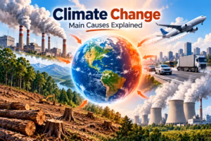 Climate change illustration showing emissions from factories, traffic, aviation and deforestation.
