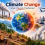 Climate change illustration showing emissions from factories, traffic, aviation and deforestation.