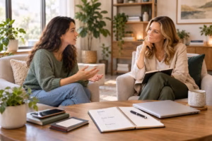 Life coach listening to a client during a goal-setting session in a calm, modern office.