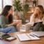 Life coach listening to a client during a goal-setting session in a calm, modern office.