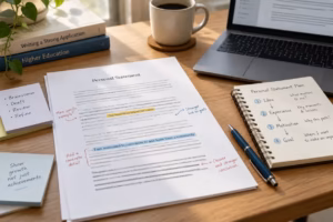 Personal statement draft with editing notes, writing tips, notebook, pen, and laptop on a study desk.