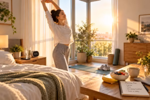 Woman stretching in morning sunlight with water, yoga mat, breakfast, and a simple daily plan nearby.