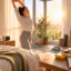 Woman stretching in morning sunlight with water, yoga mat, breakfast, and a simple daily plan nearby.