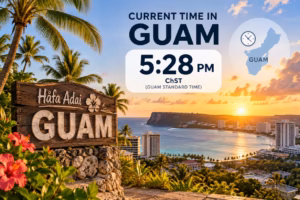 Guam coastal sunset with tropical palms, a local time display, and Chamorro Standard Time zone details.